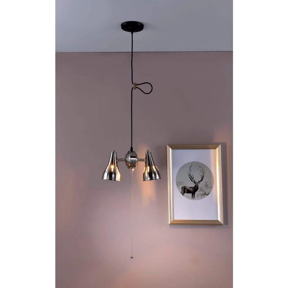 7 in. 2-Light Dual Brush Silver Adjustable Metal Cone Pull String Pendant Ceiling by ORE International 4 7 in. 2-Light Dual Brush Silver Adjustable Metal Cone Pull String Pendant Ceiling by ORE International - Image 2