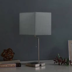 21.5 in. Aston Brushed Silver Square Table Lamp with Charging Station by ORE International -Armacost Lighting Shop brushed silver ore international table lamps hbl2304b 1f 1000