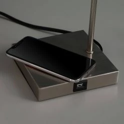 21.5 in. Aston Brushed Silver Square Table Lamp with Charging Station by ORE International -Armacost Lighting Shop brushed silver ore international table lamps hbl2304b fa 1000