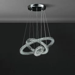 Eira Small Crystal Triple Hoop Integrated LED Chrome Silver Chandelier with Remote Control by ORE International -Armacost Lighting Shop chrome silver ore international chandeliers hbl7002p 1f 1000