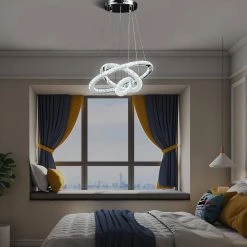 Eira Small Crystal Triple Hoop Integrated LED Chrome Silver Chandelier with Remote Control by ORE International -Armacost Lighting Shop chrome silver ore international chandeliers hbl7002p 31 1000