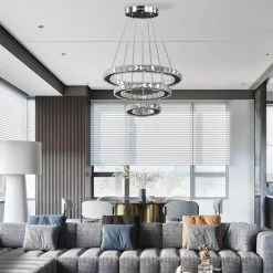 Alva Large Crystal Triple Hoop Integrated LED Chrome Silver Chandelier with Remote Control by ORE International -Armacost Lighting Shop chrome silver ore international chandeliers hbl7004p fa 1000