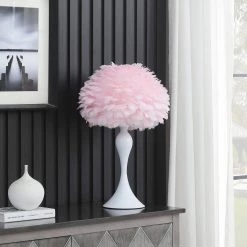 23.5 in. Soft Pink Feather Aquina Crisp White Contour Glam Table Lamp by ORE International -Armacost Lighting Shop soft pink ore international table lamps hbl2662 1f 1000