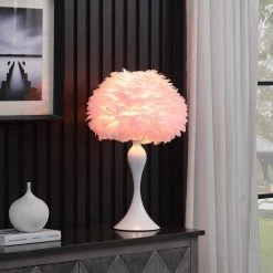 23.5 in. Soft Pink Feather Aquina Crisp White Contour Glam Table Lamp by ORE International -Armacost Lighting Shop soft pink ore international table lamps hbl2662 4f 1000