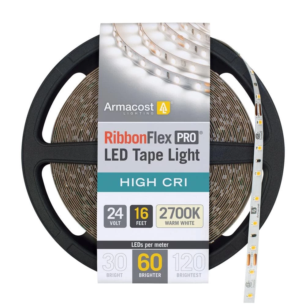 RibbonFlex Pro 16.4 ft. (5 m) 24-Volt White High CRI LED Tape Light, Warm (2700K), 60 LEDs/m by Armacost Lighting 3 RibbonFlex Pro 16.4 ft. (5 m) 24-Volt White High CRI LED Tape Light, Warm (2700K), 60 LEDs/m by Armacost Lighting